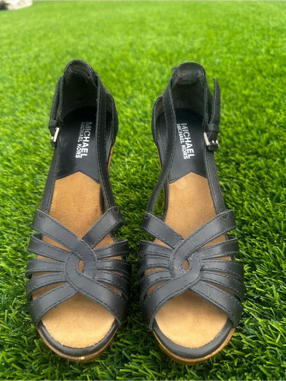 Michael Kors Black Leather Strappy Sandal Wedges